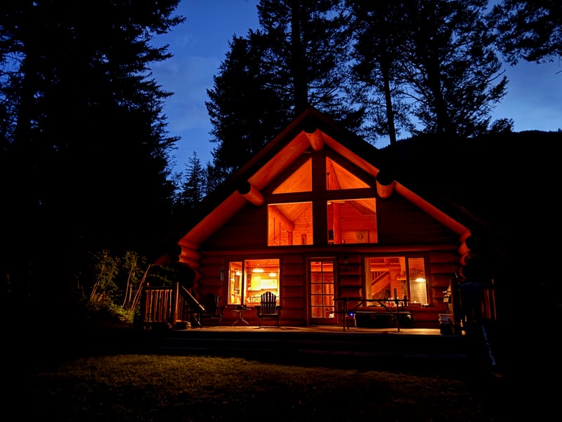 Chalet Nufer at Tyaughton Lake, lit at dusk